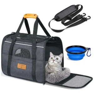 Bolsa Caixa Transporte Pet Cães Gatos Viagem Reforçada 44x31x34cm até 12kg com Tapete e Tigela