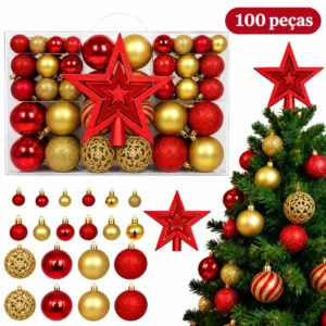 Kit 100 Bolas De Natal Vermelho E Dourado Kizumba + Estrela Ponteira 20cm