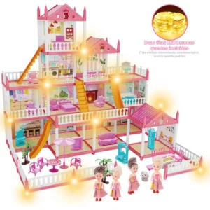Casinha De Boneca Castelo Da Princesa 283 Pcs Rosa Com Quatro Bonecas E Luzes LED