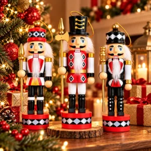 Kit 3 Quebra-Nozes De Madeira 15cm Para Decoração De Natal Soldadinhos