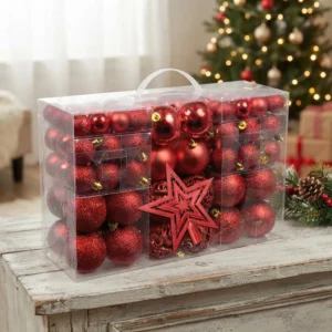 Kit 100 Bolas + Estrela Pendentes Decoração Árvore De Natal Vermelho