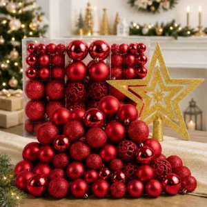 Kit 100 Bolas + Estrela Pendentes Decoração Árvore De Natal Dekasa Premium Vermelho